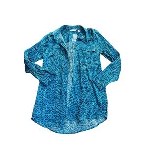 Soft Surroundings Blue Black Animal Print Silk Button Down Shirt Women's XS NWT